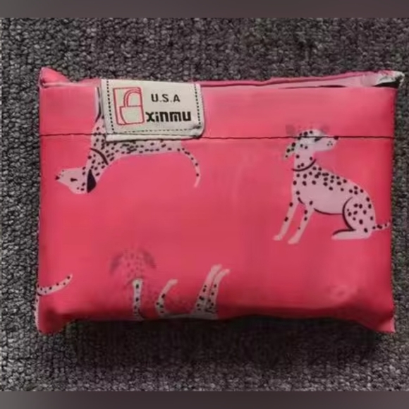 Oversized Large Pink Dalmatian Foldable Shopper Tote with storage pouch New - Picture 2 of 3